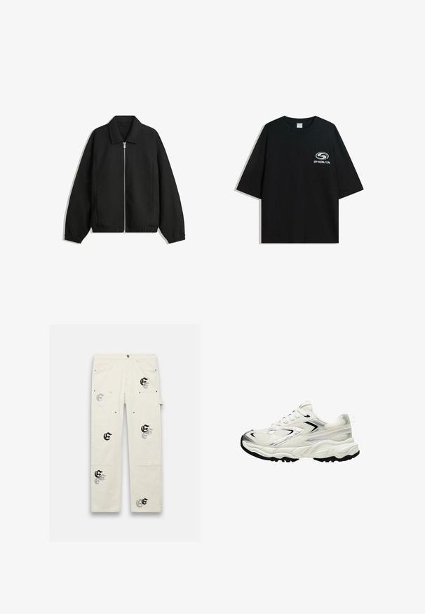 Czarna kurtka z teksturowanej tkaniny, z pełnym zamkiem z przodu, kołnierzem i elastycznymi mankietami, o luźnym kroju i kieszeniach po bokach.; Czarna, oversize bawełniana koszulka z okrągłym dekoltem i krótkimi rękawami, z białym logo "Shibuya" nadrukowanym na przodzie.; Jasno beżowe spodnie cargo z wieloma kieszeniami, z czarnymi i srebrnymi grafikami. Wykonane z trwałego materiału o luźnym kroju.; Białe sneakersy z siateczkową cholewką, srebrnymi akcentami, czarną podeszwą i teksturowanymi panelami. Posiadają sznurowaną konstrukcję oraz zaokrąglony kształt noska.