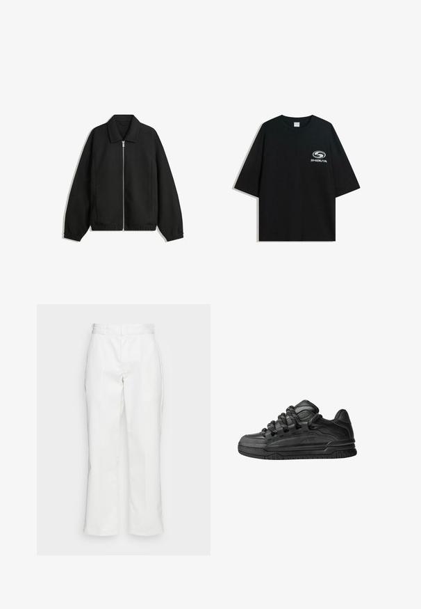 Black jacket made of textured fabric, featuring a full front zip, collar, and elastic cuffs with a relaxed fit and side pockets.; Black oversized cotton t-shirt featuring a round neckline and short sleeves, with a white "Shibuya" logo printed on the front.; White cotton trousers featuring a straight-leg design, belt loops, and side pockets, with a smooth texture and minimal detailing.; Black sneakers with a smooth leather upper, textured accents, and round black and white laces. Thick rubber sole with a patterned tread.