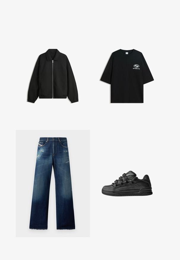 Svart jacka i strukturerad tyg, med full dragkedja framtill, krage och elastiska muddar, med en avslappnad passform och sidofickor.; Svart oversized t-shirt i bomull med rund halsringning och korta ärmar, med en vit "Shibuya"-logotyp tryckt på framsidan.; Brettjeans i mörkblått med blekta områden, slitna detaljer och fransade nederkanter. Fyrtio fickor och knäppning.; Svarta sneakers med ovandel i slät läder, texturerade detaljer och runda svarta och vita snören. Tjock gummisula med ett mönstrat mönster.