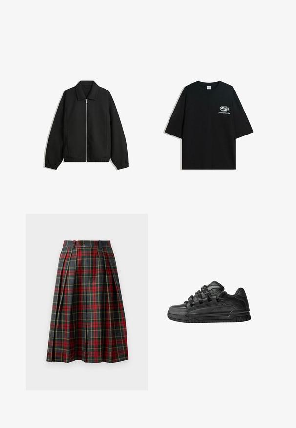 Czarna kurtka z teksturowanej tkaniny, z pełnym zamkiem z przodu, kołnierzem i elastycznymi mankietami, o luźnym kroju i kieszeniach po bokach.; Czarna, oversize bawełniana koszulka z okrągłym dekoltem i krótkimi rękawami, z białym logo "Shibuya" nadrukowanym na przodzie.; Spódnica w kratę z plisami, w przeważającej mierze w czerwono-czarnym zestawieniu z żółtymi i zielonymi akcentami, wysoki stan z zapięciem na guzik.; Czarne sneakersy z gładką skórzaną cholewką, teksturowanymi akcentami i okrągłymi czarno-białymi sznurowadłami. Gruba gumowa podeszwa z wzorzystym bieżnikiem.