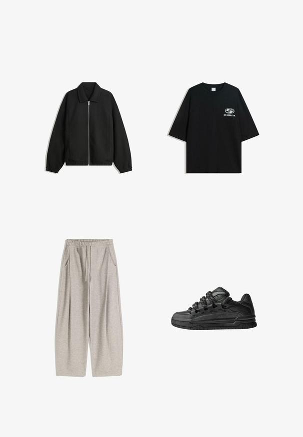 Čierna bunda vyrobená z textúrovaného materiálu, s plným predným zipsom, golierom a elastickými manžetami, so voľnejším strihom a bočnými vreckami.; Čierne oversize bavlnené tričko s okrúhlym výstrihom a krátkymi rukávmi, s bielym logom "Shibuya" potlačeným na prednej strane.; Svetlo šedé tepláky s elastickým pásom, nastaviteľnou šnúrkou, dvoma bočnými vreckami a voľnými, rozšírenými nohavicami. Mäkká textúra, skladaný dizajn.; Čierne tenisky s hladkým koženým zvrškom, štruktúrovanými akcentami a okrúhlymi čierno-bielymi šnúrkami. Hrubá gumená podrážka s vzorovaným dezénom.