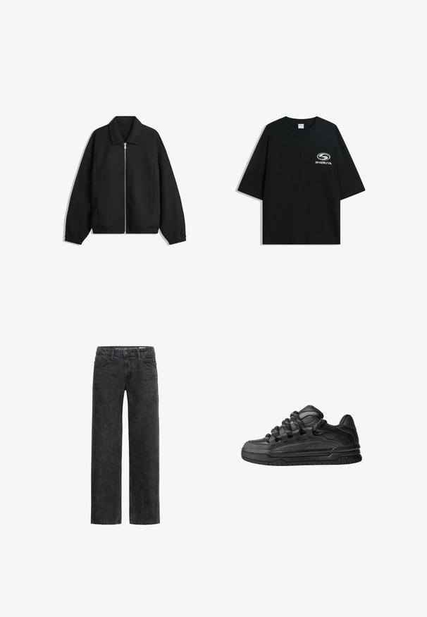 Czarna kurtka z teksturowanej tkaniny, z pełnym zamkiem z przodu, kołnierzem i elastycznymi mankietami, o luźnym kroju i kieszeniach po bokach.; Czarna, oversize bawełniana koszulka z okrągłym dekoltem i krótkimi rękawami, z białym logo "Shibuya" nadrukowanym na przodzie.; Czarne dżinsy denimowe o luźnym kroju, proste nogawki, pięć kieszeni oraz subtelna, wyblakła faktura. Posiadają zapięcie na guzik i zamek.; Czarne sneakersy z gładką skórzaną cholewką, teksturowanymi akcentami i okrągłymi czarno-białymi sznurowadłami. Gruba gumowa podeszwa z wzorzystym bieżnikiem.
