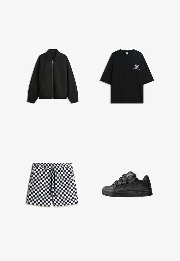 Black jacket made of textured fabric, featuring a full front zip, collar, and elastic cuffs with a relaxed fit and side pockets.; Black oversized cotton t-shirt featuring a round neckline and short sleeves, with a white "Shibuya" logo printed on the front.; Black and white checkered swim shorts with an elastic waistband, drawstring, and side pockets, featuring a smooth, lightweight fabric.; Black sneakers with a smooth leather upper, textured accents, and round black and white laces. Thick rubber sole with a patterned tread.