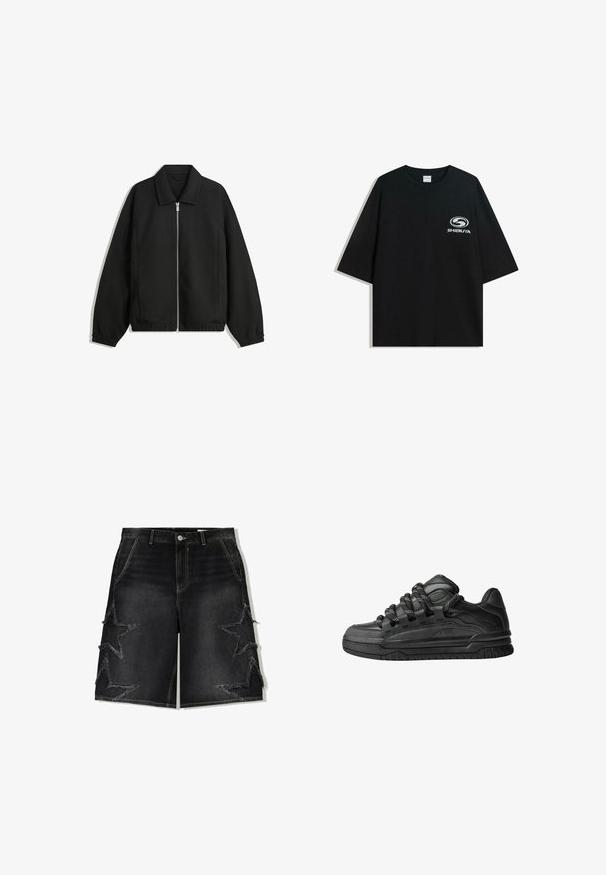 Svart jacka i strukturerad tyg, med full dragkedja framtill, krage och elastiska muddar, med en avslappnad passform och sidofickor.; Svart oversized t-shirt i bomull med rund halsringning och korta ärmar, med en vit "Shibuya"-logotyp tryckt på framsidan.; Svarta denimshorts med en avslappnad passform, dekorerade med fransade stjärnmönster på sidorna och kontrasterande gula sömmar.; Svarta sneakers med ovandel i slät läder, texturerade detaljer och runda svarta och vita snören. Tjock gummisula med ett mönstrat mönster.