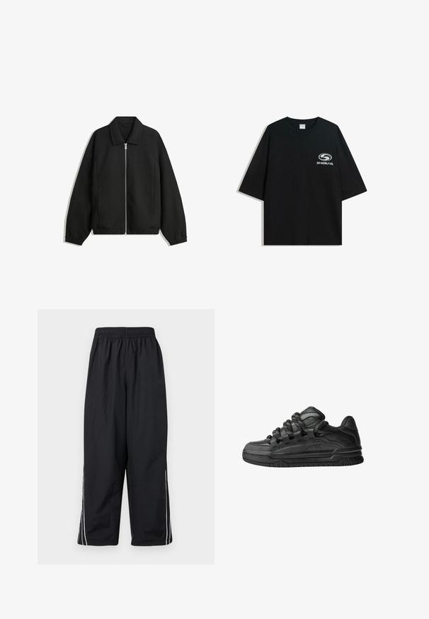 Zwarte jas van textuurstof, met een volledige rits aan de voorkant, een kraag, elastische manchetten, een ontspannen pasvorm en zijzakken.; Zwarte oversized katoenen t-shirt met een ronde halslijn en korte mouwen, met een witte "Shibuya" logo gedrukt op de voorkant.; Zwarte, lichte panty gemaakt van nylon met een elastische tailleband, voorzien van witte zijstrepen en een losse, cropped pasvorm.; Zwarte sneakers met een glad leren bovenwerk, gearceerde accenten en ronde zwart-witte veters. Dikke rubberen zool met een geprofileerd loopvlak.