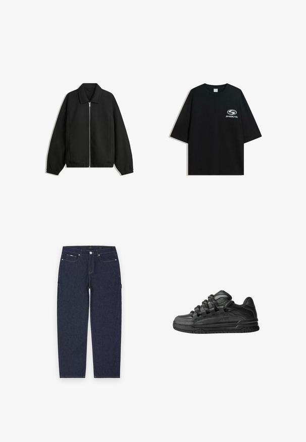 Zwarte jas van textuurstof, met een volledige rits aan de voorkant, een kraag, elastische manchetten, een ontspannen pasvorm en zijzakken.; Zwarte oversized katoenen t-shirt met een ronde halslijn en korte mouwen, met een witte "Shibuya" logo gedrukt op de voorkant.; Donkerblauwe denim cargobroek met een rechte snit, voorzien van opvallende gele stiksels, voor- en zijzakken en een metalen knoopsluiting.; Zwarte sneakers met een glad leren bovenwerk, gearceerde accenten en ronde zwart-witte veters. Dikke rubberen zool met een geprofileerd loopvlak.