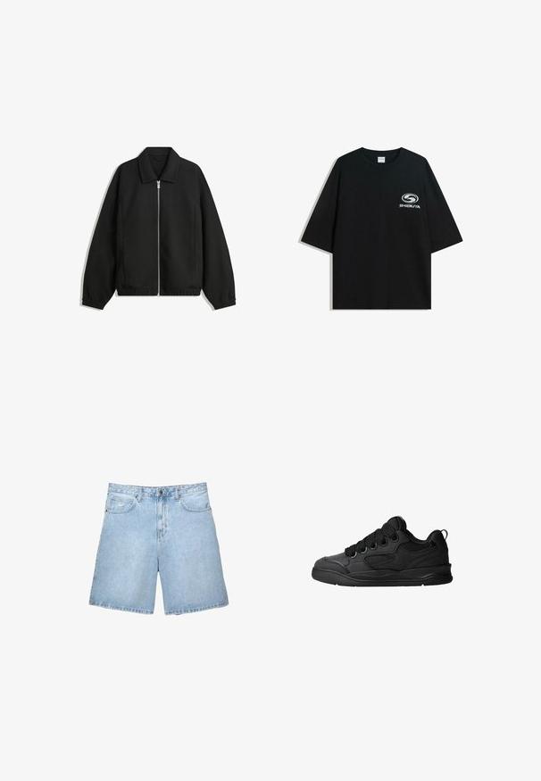 Crna jakna izrađena od teksturirane tkanine, s punim prednjim zatvaračem, ovratnikom i elastičnim manžetama, opuštenog kroja i bočnim džepovima.; Crna oversized pamukasta majica s okruglim izrezom i kratkim rukavima, s bijelim logotipom "Shibuya" otisnutim na prednjoj strani.; Svijetloplave traper šortse s širokim krojem, dizajnom od pet džepova te zakopčavanjem na dugme i zatvarač. Sadrže šavove i standardni pojas.; Crne tenisice s teksturiranim gornjim dijelom, sa vezicama, mrežastim detaljima za prozračnost, podstavljenim ovratnikom i čvrstim potplatima.