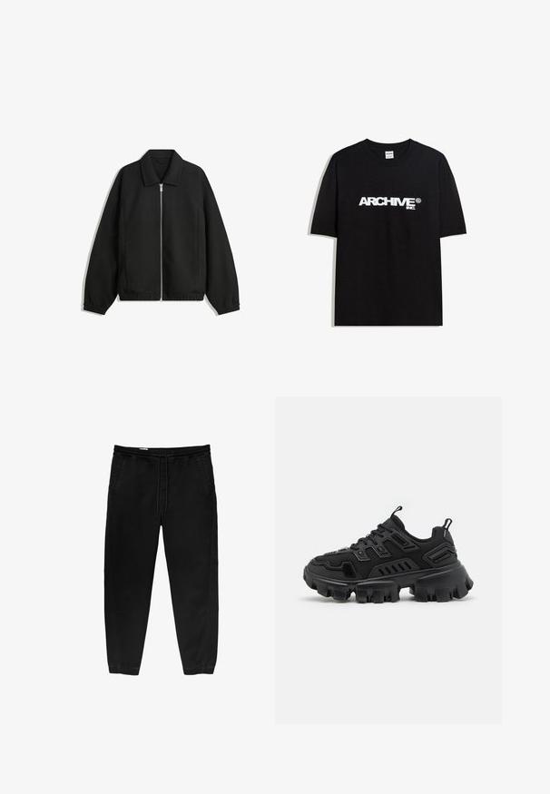 Giacca nera in tessuto texturizzato, con zip frontale a tutta lunghezza, colletto e polsini elasticizzati, dalla vestibilità rilassata e con tasche laterali.; T-shirt in cotone nero con il logo bianco "ARCHIVE inc." stampato sul petto, maniche corte e colletto a girocollo.; Pantaloni neri con cintura elastica e coulisse, gamba affusolata, tasche laterali e sottili dettagli di cucitura laterale. Tessuto in cotone morbido.; Scarpa sportiva nera con suola in gomma testurizzata, elementi di design a strati e accenti rinforzati. Presenta lacci e un passante sul tallone.