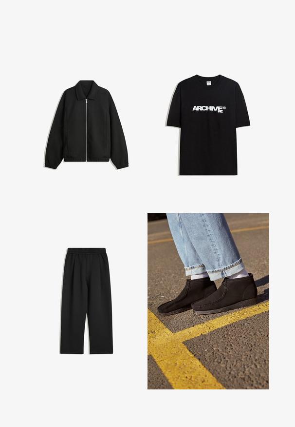Fekete kabát texturált anyagból, teljes elöl cipzárral, gallérral és rugalmas mandzsettákkal, laza szabással és oldalsó zsebekkel.; Fekete pamut póló, fehér "ARCHIVE inc." logóval a mellkasán, rövid ujjakkal és kerek nyakkivágással.; Fekete, széles lábú nadrág, elasztikus derékrésszel és oldalsó zsebekkel, sík felületen bemutatva, fehér háttér előtt.; Fekete velúr bokacsizmák sima textúrával, ívelt orral és steppelt részletekkel. Világoskék, felhajtott farmernadrággal és fehér zoknival párosítva.