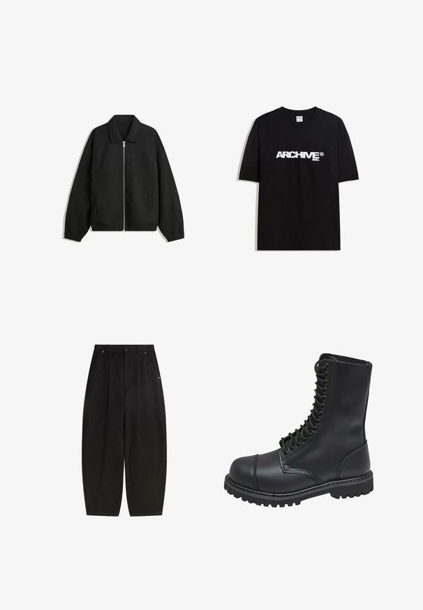 Černá bunda vyrobená z texturované látky, s plným předním zipem, límcem a elastickými manžetami, s volným střihem a bočními kapsami.; Černé bavlněné tričko s bílým logem "ARCHIVE inc." na hrudi, krátké rukávy a kulatý výstřih.; Černé široké kalhoty s předními kapsami, sklady a čistým zakončením. Vyrobeny z texturované tkaniny s knoflíkovým zapínáním.; Černá kožená bojová bota s vysokým svrškem, šněrováním vpředu, polstrovaným límcem a hrubou texturovanou podrážkou pro lepší přilnavost. Obsahuje zesílenou špičku.