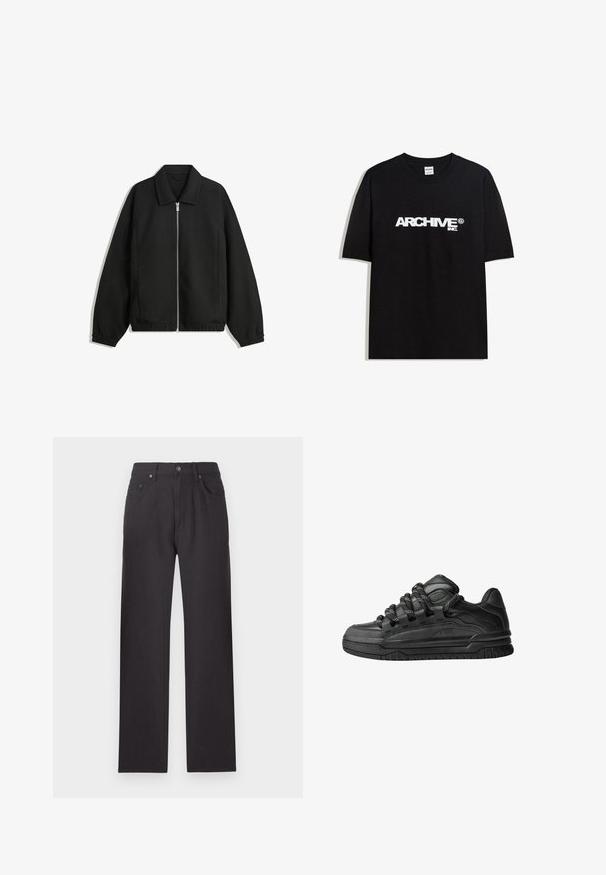 Černá bunda vyrobená z texturované látky, s plným předním zipem, límcem a elastickými manžetami, s volným střihem a bočními kapsami.; Černé bavlněné tričko s bílým logem "ARCHIVE inc." na hrudi, krátké rukávy a kulatý výstřih.; Černé džíny rovného střihu, viditelné švy, pět kapes a zapínání na knoflík v pase. Hladká textura.; Černé tenisky s hladkým koženým svrškem, texturovanými akcenty a kulatými černobílými tkaničkami. Silná gumová podrážka s vzorovaným dezénem.