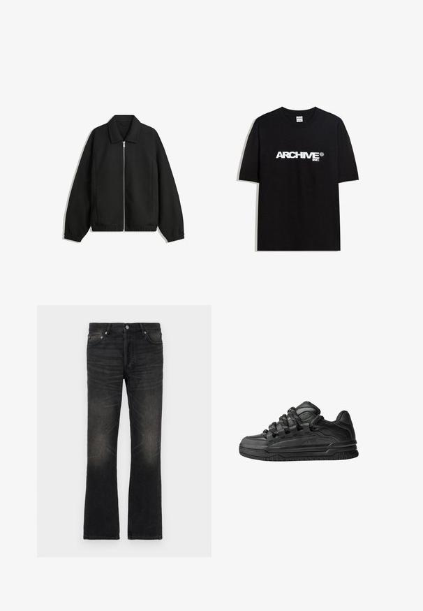 Fekete kabát texturált anyagból, teljes elöl cipzárral, gallérral és rugalmas mandzsettákkal, laza szabással és oldalsó zsebekkel.; Fekete pamut póló, fehér "ARCHIVE inc." logóval a mellkasán, rövid ujjakkal és kerek nyakkivágással.; Fekete farmer anyagú, széles szárú nadrág, elhalványult felülettel, öt zsebbel és ezüst színű fémlemezekkel. Klasszikus derékpánttal és enyhén texturált anyaggal rendelkezik.; Fekete sportcipők sima bőrből készült felső résszel, struktúrált kiegészítőkkel, valamint kerek fekete és fehér fűzőkkel. Vastag gumitalp mintázott bordázattal.