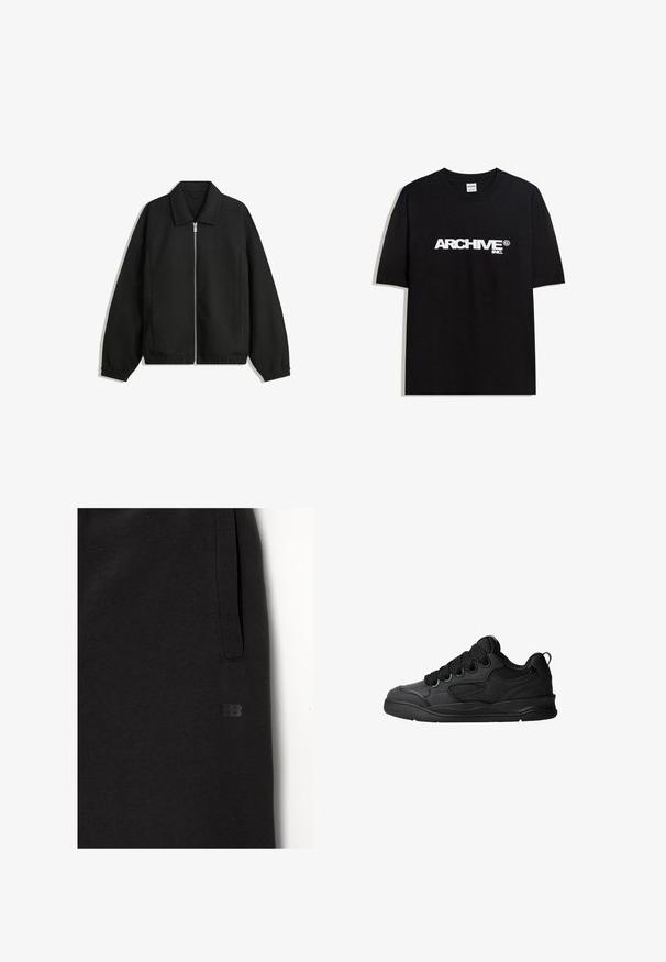 Czarna kurtka z teksturowanej tkaniny, z pełnym zamkiem z przodu, kołnierzem i elastycznymi mankietami, o luźnym kroju i kieszeniach po bokach.; Czarny bawełniany T-shirt z białym logo "ARCHIVE inc." na piersi, z krótkimi rękawami i okrągłym dekoltem.; Czarne dresy wykonane z miękkiego materiału, z boczną kieszenią i małym, wytłoczonym logo. Prosty krój z gładką fakturą.; Czarne sneakersy z teksturowaną cholewką, z sznurowadłami, siateczkowymi akcentami dla lepszej wentylacji, wyściełanym kołnierzem oraz solidną podeszwą.