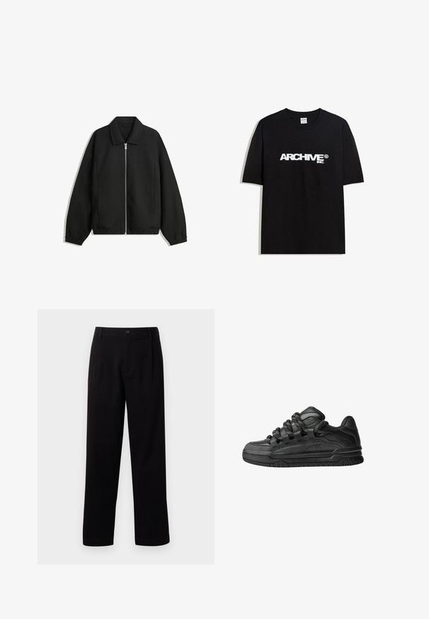 Černá bunda vyrobená z texturované látky, s plným předním zipem, límcem a elastickými manžetami, s volným střihem a bočními kapsami.; Černé bavlněné tričko s bílým logem "ARCHIVE inc." na hrudi, krátké rukávy a kulatý výstřih.; Černé elastické kalhoty rovného střihu, s předními sklady a jedním knoflíkem na zapínání. Hladká textura a bez viditelných vzorů.; Černé tenisky s hladkým koženým svrškem, texturovanými akcenty a kulatými černobílými tkaničkami. Silná gumová podrážka s vzorovaným dezénem.