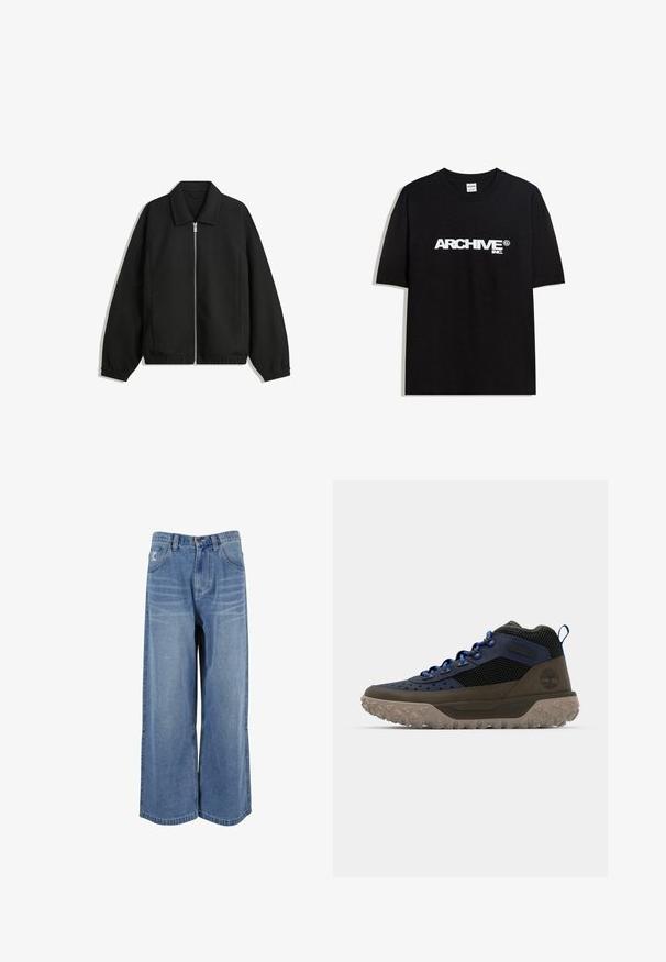 Černá bunda vyrobená z texturované látky, s plným předním zipem, límcem a elastickými manžetami, s volným střihem a bočními kapsami.; Černé bavlněné tričko s bílým logem "ARCHIVE inc." na hrudi, krátké rukávy a kulatý výstřih.; Modré džíny s širokými nohavicemi a vysokým pasem, přední kapsy a švy na nohavicích. Texturovaný, vyšisovaný vzhled s volným střihem.; Vysoké turistické boty s modro-černým syntetickým svrškem, síťovými panely, tmavou gumovou podrážkou s trakčními hřeby a detailem loga.