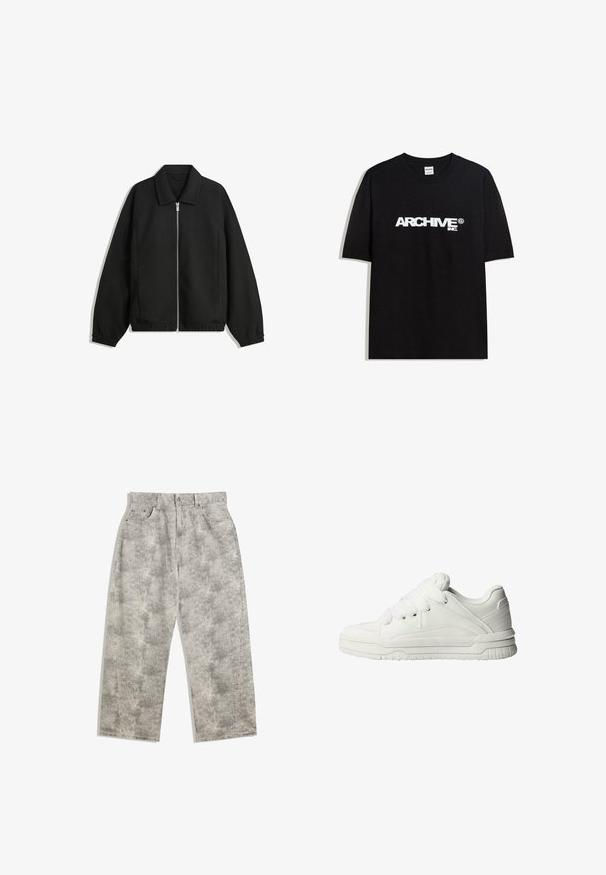 Črna jakna iz teksturirane tkanine, z dvostranskim zadrgo spredaj, ovratnikom in elastičnimi manšeti, sproščenega kroja in stranskimi žepi.; Črna bombažna majica s kratkimi rokavi z belim logotipom "ARCHIVE inc." čez prsa in okroglo ovratnikom.; Svetlo sivi traper hlače z ohlapnim krojem in širokimi nogavicami. Imajo subtilno mramorasto teksturo, pet žepov in sprednje zapiranje na gumb.; Bele teneške z gladkim usnjenim zunanjim delom, oblazinjenim jezikom, ravnimi vezalkami ter teksturiranimi detajli na straneh in peti.