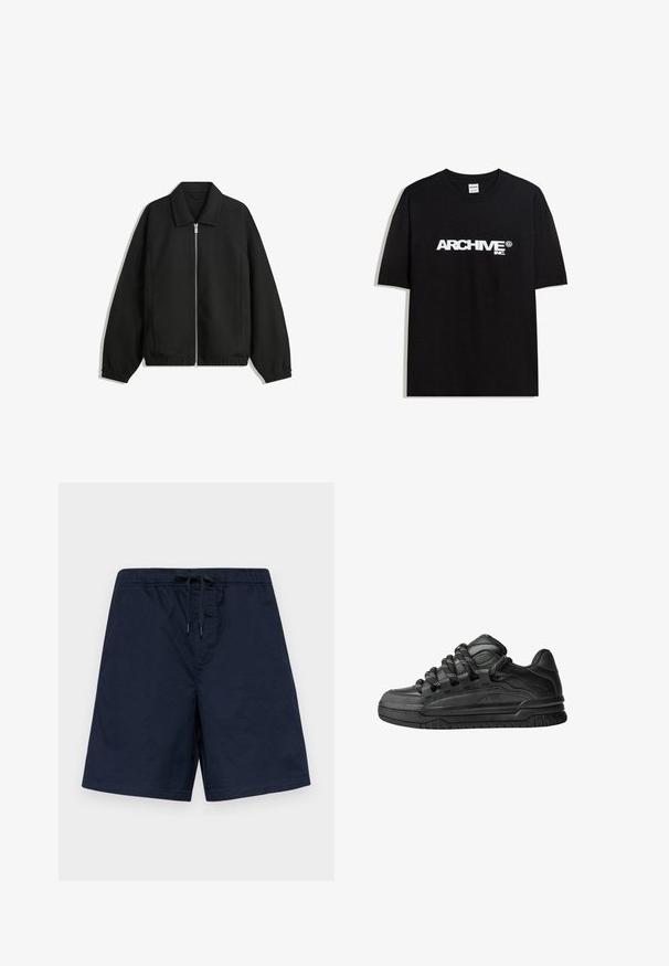 Crna jakna izrađena od teksturirane tkanine, s punim prednjim zatvaračem, ovratnikom i elastičnim manžetama, opuštenog kroja i bočnim džepovima.; Crna pamučna majica s bijelim 'ARCHIVE inc.' logotipom preko prsa, kratkim rukavima i okruglim izrezom.; Navy plave kratke hlače za plivanje s elastičnim pojasom i vezicom. Lagani materijal s glatkom teksturom i bez vidljivih uzoraka ili ukrasa.; Crne tenisice s glatkom kožnom gornjom površinom, teksturiranim detaljima i okruglim crnim i bijelim vezicama. Debeli gumeni potplat s uzorkom.