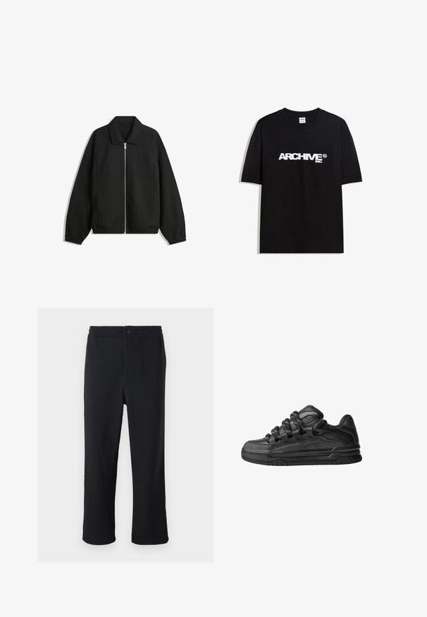 Crna jakna izrađena od teksturirane tkanine, s punim prednjim zatvaračem, ovratnikom i elastičnim manžetama, opuštenog kroja i bočnim džepovima.; Crna pamučna majica s bijelim 'ARCHIVE inc.' logotipom preko prsa, kratkim rukavima i okruglim izrezom.; Crne rebraste hlače ravnog kroja, s kopčanjem na gumb i elastičnom waistband za udobnost. Teksturirana tkanina kroz cijele hlače.; Crne tenisice s glatkom kožnom gornjom površinom, teksturiranim detaljima i okruglim crnim i bijelim vezicama. Debeli gumeni potplat s uzorkom.