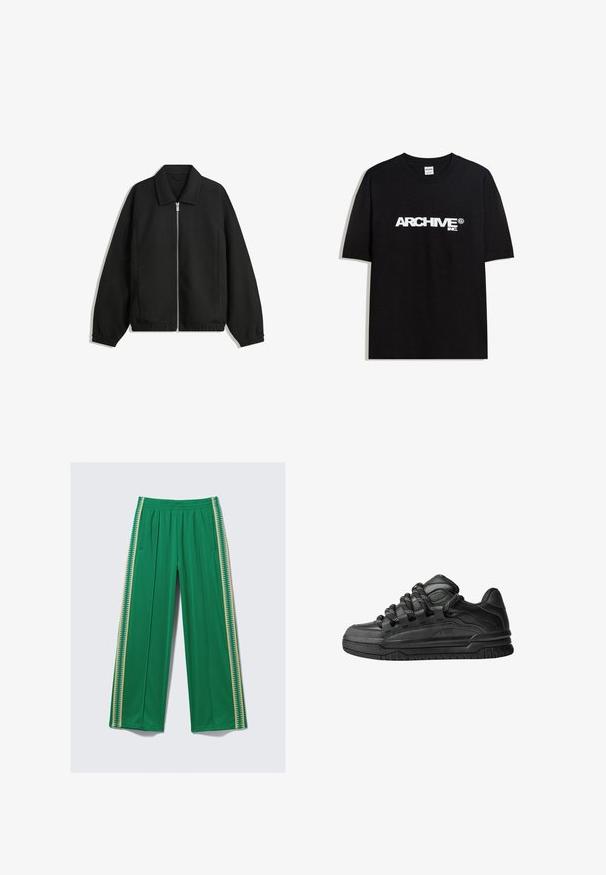 Czarna kurtka z teksturowanej tkaniny, z pełnym zamkiem z przodu, kołnierzem i elastycznymi mankietami, o luźnym kroju i kieszeniach po bokach.; Czarny bawełniany T-shirt z białym logo "ARCHIVE inc." na piersi, z krótkimi rękawami i okrągłym dekoltem.; Zielone spodnie o szerokich nogawkach wykonane z gładkiej tkaniny, z elastycznym pasem i kontrastowymi żółtymi paskami bocznymi z zygzakowatym wzorem.; Czarne sneakersy z gładką skórzaną cholewką, teksturowanymi akcentami i okrągłymi czarno-białymi sznurowadłami. Gruba gumowa podeszwa z wzorzystym bieżnikiem.