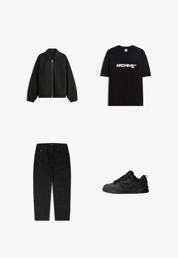 Fekete kabát texturált anyagból, teljes elöl cipzárral, gallérral és rugalmas mandzsettákkal, laza szabással és oldalsó zsebekkel.; Fekete pamut póló, fehér "ARCHIVE inc." logóval a mellkasán, rövid ujjakkal és kerek nyakkivágással.; EIGHTYFIVE WITH LOOP - Túlméretezett farmernadrág - black washed; Fekete sportcipő texturált felsőrésszel, fűzőkkel, légáteresztő hálós részletekkel, párnázott bokarésszel és tartós talppal.