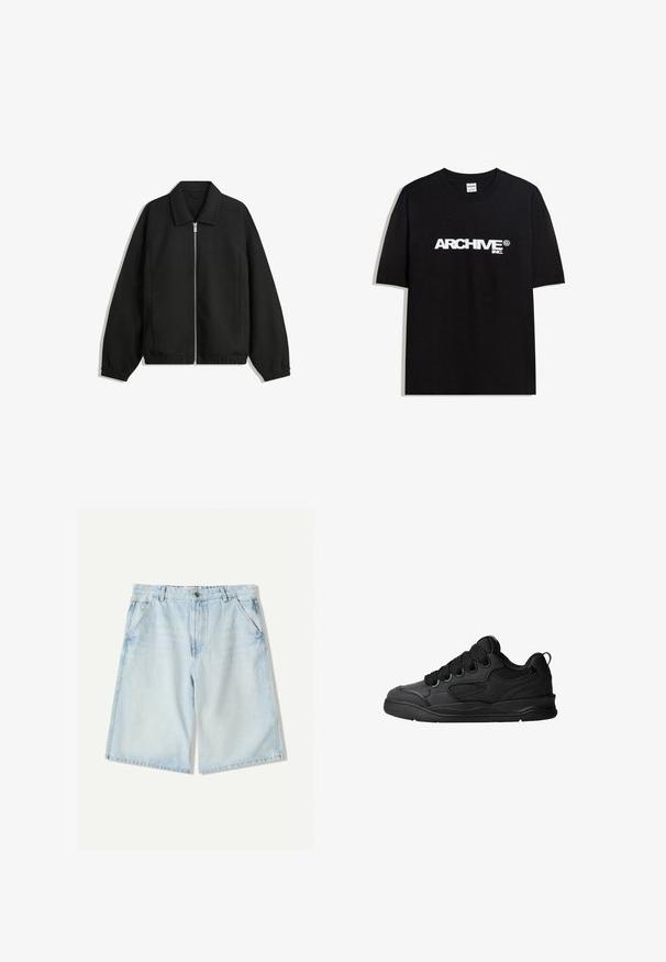 Svart jacka i strukturerad tyg, med full dragkedja framtill, krage och elastiska muddar, med en avslappnad passform och sidofickor.; Svart bomull T-shirt med en vit "ARCHIVE inc." logotyp över bröstet, korta ärmar och rundad halsringning.; Ljust blå denimshorts med rak skärning, har bälteshällor, fem fickor och subtila blekningar. Klassisk bomullstextur.; Svarta sneakers med en texturerad övre del, som har snören, meshaccenter för andningsförmåga, vadderad krage och en robust sula.