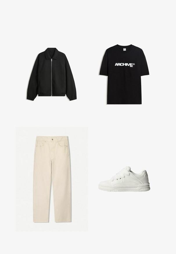 Črna jakna iz teksturirane tkanine, z dvostranskim zadrgo spredaj, ovratnikom in elastičnimi manšeti, sproščenega kroja in stranskimi žepi.; Črna bombažna majica s kratkimi rokavi z belim logotipom "ARCHIVE inc." čez prsa in okroglo ovratnikom.; Bež jeans hlače s visokim pasom in ravnimi nogavicami, s sprednjim gumbom, zadrgo in petimi žepi, prikazane na beli podlagi.; Bele teneške z gladkim usnjenim zunanjim delom, oblazinjenim jezikom, ravnimi vezalkami ter teksturiranimi detajli na straneh in peti.