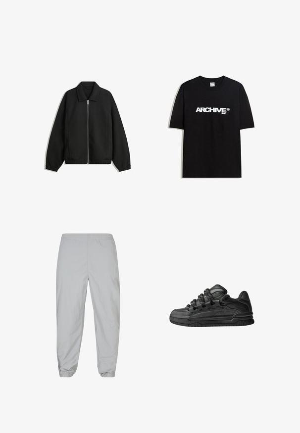 Čierna bunda vyrobená z textúrovaného materiálu, s plným predným zipsom, golierom a elastickými manžetami, so voľnejším strihom a bočnými vreckami.; Čierne bavlnené tričko s krátkymi rukávmi a okrúhlym výstrihom, s bielym logom "ARCHIVE inc." na hrudi.; Svetlo šedé teplákové nohavice vyrobené z ľahkého materiálu. Elastický pás a manžety na leme s zipsovými doplnkami na členkoch. Hladká textúra.; Čierne tenisky s hladkým koženým zvrškom, štruktúrovanými akcentami a okrúhlymi čierno-bielymi šnúrkami. Hrubá gumená podrážka s vzorovaným dezénom.