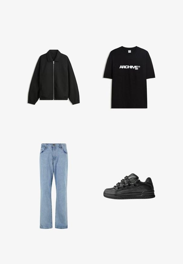 Crna jakna izrađena od teksturirane tkanine, s punim prednjim zatvaračem, ovratnikom i elastičnim manžetama, opuštenog kroja i bočnim džepovima.; Crna pamučna majica s bijelim 'ARCHIVE inc.' logotipom preko prsa, kratkim rukavima i okruglim izrezom.; Svijetloplavi traperice s ravnim nogavicama, pet džepova, kopčanje na gumb i suptilnom izblijedjelom teksturom.; Crne tenisice s glatkom kožnom gornjom površinom, teksturiranim detaljima i okruglim crnim i bijelim vezicama. Debeli gumeni potplat s uzorkom.