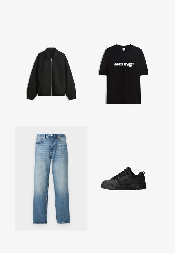 Black jacket made of textured fabric, featuring a full front zip, collar, and elastic cuffs with a relaxed fit and side pockets.; Black cotton T-shirt featuring a white "ARCHIVE inc." logo across the chest, short sleeves, and a crew neckline.; Light blue denim jeans with a straight cut, featuring a button closure, five pockets, and subtle fading near the hem. Flat texture.; Black sneakers with a textured upper, featuring laces, mesh accents for breathability, padded collar, and a sturdy outsole.