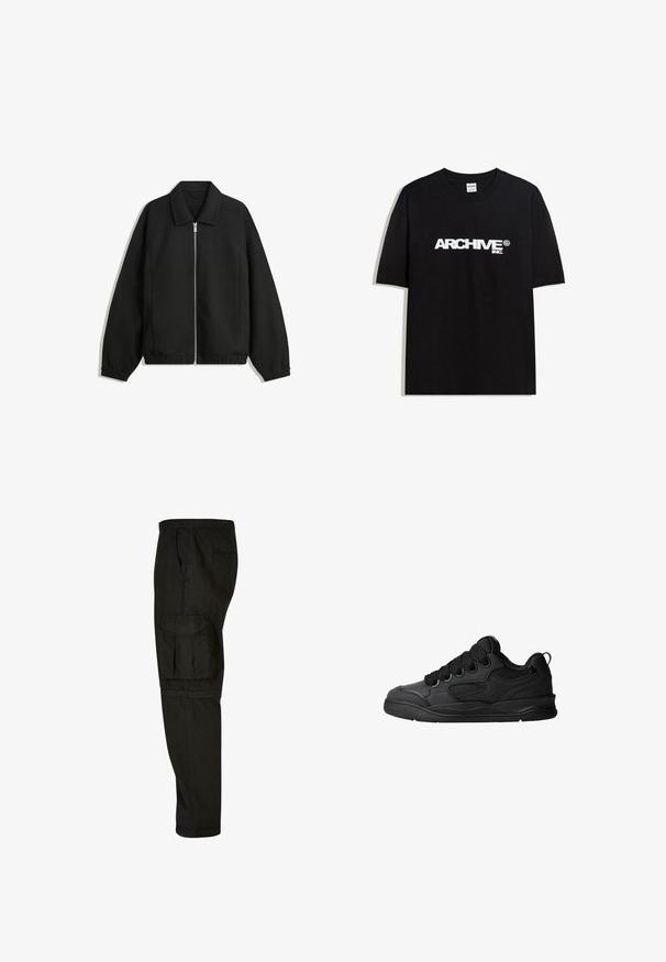 Černá bunda vyrobená z texturované látky, s plným předním zipem, límcem a elastickými manžetami, s volným střihem a bočními kapsami.; Černé bavlněné tričko s bílým logem "ARCHIVE inc." na hrudi, krátké rukávy a kulatý výstřih.; Černé cargo kalhoty s volným střihem, elastickým pasem, bočními kapsami a velkou cargo kapsou na stehně. Měkká, lehká látka.; Černé tenisky s texturovaným svrškem, obsahující šněrování, síťované detaily pro prodyšnost, polstrovaný límec a pevnou podrážku.