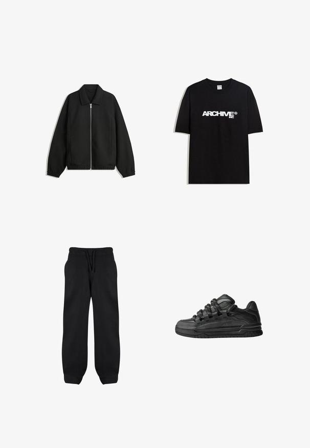 Črna jakna iz teksturirane tkanine, z dvostranskim zadrgo spredaj, ovratnikom in elastičnimi manšeti, sproščenega kroja in stranskimi žepi.; Črna bombažna majica s kratkimi rokavi z belim logotipom "ARCHIVE inc." čez prsa in okroglo ovratnikom.; Črne trenirke z elastičnim pasom, vrvico in stranskimi žepi. Narejene iz mehkega materiala z udobnim krojem in s pripetimi gležnji.; Črne superge z gladkim usnjenim zgornjim delom, teksturiranimi detajli in okroglimi črnimi ter belimi vezalkami. Debel gumijast podplat z vzorčastim profilom.