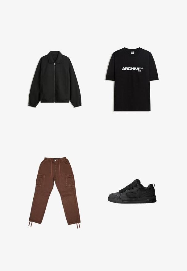 Zwarte jas van textuurstof, met een volledige rits aan de voorkant, een kraag, elastische manchetten, een ontspannen pasvorm en zijzakken.; Zwarte katoen T-shirt met een witte "ARCHIVE inc." logo over de borst, korte mouwen en een ronde hals.; Bruine cargobroek met een elastische tailleband, twee grote zijzakken, verstelbare zoom met trekkoord en een gladde textuur. Voorzien van een knoopsluiting.; Zwarte sneakers met een gestructureerde bovenkant, voorzien van veters, mesh-details voor ademend vermogen, een gevoerd kraagje en een stevige zool.