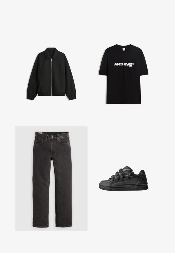 Zwarte jas van textuurstof, met een volledige rits aan de voorkant, een kraag, elastische manchetten, een ontspannen pasvorm en zijzakken.; Zwarte katoen T-shirt met een witte "ARCHIVE inc." logo over de borst, korte mouwen en een ronde hals.; Zwarte denim jeans met een rechte pijpontwerp, vijf zakken en metalen accenten. De stof heeft een lichte textuur en een effen kleurafwerking.; Zwarte sneakers met een glad leren bovenwerk, gearceerde accenten en ronde zwart-witte veters. Dikke rubberen zool met een geprofileerd loopvlak.