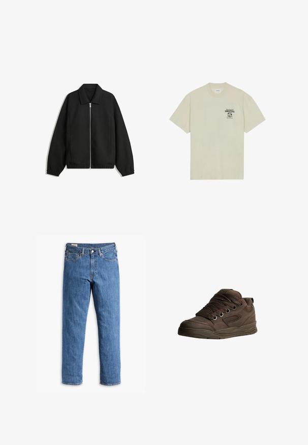 Svart jacka i strukturerad tyg, med full dragkedja framtill, krage och elastiska muddar, med en avslappnad passform och sidofickor.; Kortärmad beige t-shirt i bomull, med tryck i svart på vänster bröstområde som inkluderar text och en jordklotdesign.; Blå denimjeans med rak benpassform, kopparnitar och femficksdesign. Har en sydd fåll och en klassisk midjeband med bälteshällor.; Bruna sportskor gjorda av slät syntetiskt material. Har tjocka snören, meshlinjer, vadderad krage och texturerad gummisula.