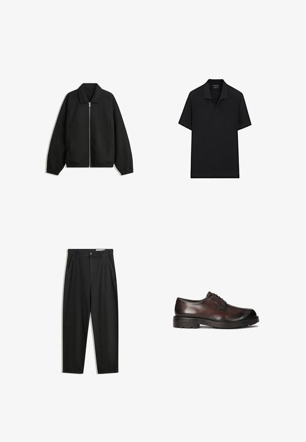 Zwarte jas van textuurstof, met een volledige rits aan de voorkant, een kraag, elastische manchetten, een ontspannen pasvorm en zijzakken.; Zwarte polo met korte mouwen van een textuurstof, klassieke kraag en een drieknopenlijst. Eenvoudig en onversierd ontwerp.; Zwarte katoenen broeken met een losse pasvorm, voorzien van een klassieke tailleband, voorplooien en zijzakken. Gladde structuur zonder patronen.; Bruine leren dresschoenen met een gladde afwerking, ronde neus en veterontwerp. Beschikt over een stevige zwarte rubberen zool met grip.