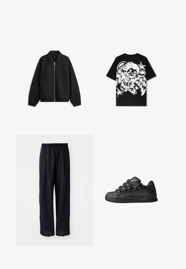 Črna jakna iz teksturirane tkanine, z dvostranskim zadrgo spredaj, ovratnikom in elastičnimi manšeti, sproščenega kroja in stranskimi žepi.; Črna bombažna majica s velikim belem dizajnom angela v stilu grafita na hrbtni strani, ki vključuje podrobne krila in zvezdne poudarke.; Črne lanene široke hlače z vrvico v pasu in sproščenim krojem. Gladka tekstura, brez vidnih vzorcev ali kovinskih detajlov.; Črne superge z gladkim usnjenim zgornjim delom, teksturiranimi detajli in okroglimi črnimi ter belimi vezalkami. Debel gumijast podplat z vzorčastim profilom.