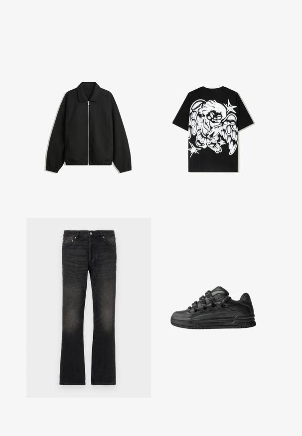 Jachetă neagră dintr-un material texturat, cu fermoar frontal complet, guler și manșete elastice, având o croială lejeră și buzunare laterale.; Tricou din bumbac negru, cu un design mare de înger în stil graffiti alb pe spate, având aripi detaliate și accente de stele.; Blugi negri din denim evazați cu un finisaj decolorat, cinci buzunare și detalii din metal argintie. Prezintă o talie clasică și un material ușor texturat.; Adidași negri cu o parte superioară din piele netedă, accente texturate și șireturi rotunde negre și albe. Talpă groasă din cauciuc cu un profil texturat.