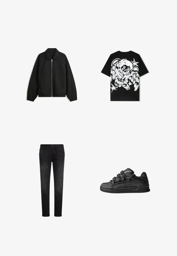 Zwarte jas van textuurstof, met een volledige rits aan de voorkant, een kraag, elastische manchetten, een ontspannen pasvorm en zijzakken.; Zwarte katoenen t-shirt met een groot wit graffiti-stijl engelontwerp op de achterkant, met gedetailleerde vleugels en steraccenten.; Zwarte denim jeans met een slim fit, met een knoopsluiting, vijf-pocket ontwerp en subtiele vervaging voor textuur. Glad materiaal zonder versieringen.; Zwarte sneakers met een glad leren bovenwerk, gearceerde accenten en ronde zwart-witte veters. Dikke rubberen zool met een geprofileerd loopvlak.