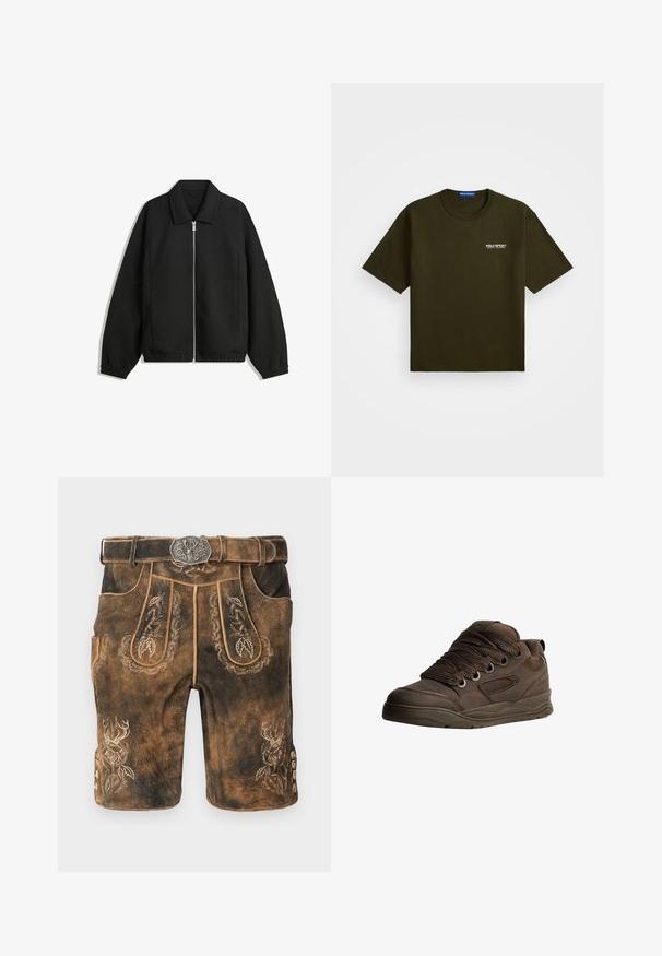 Svart jacka i strukturerad tyg, med full dragkedja framtill, krage och elastiska muddar, med en avslappnad passform och sidofickor.; Mörk olivgrön kortärmad t-shirt med rund hals och liten vit "Polo Sport Ralph Lauren"-logotyp på vänster bröst.; Bruna lädershorts med intrikata broderier och ett silverfärgat spänne. Utsmyckade med lövmönster och en älgdesign på sidan.; Bruna sportskor gjorda av slät syntetiskt material. Har tjocka snören, meshlinjer, vadderad krage och texturerad gummisula.