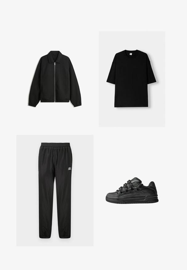 Zwarte jas van textuurstof, met een volledige rits aan de voorkant, een kraag, elastische manchetten, een ontspannen pasvorm en zijzakken.; Zwarte katoen t-shirt met korte mouwen, ronde hals en een relaxte fit. Soepele textuur en minimalistisch ontwerp, geen patronen of accenten.; Zwarte Umbro trainingsbroek met elastische tailleband, zijzakken, toelopende pijpen en logo op de rechterdij tegen een witte achtergrond.; Zwarte sneakers met een glad leren bovenwerk, gearceerde accenten en ronde zwart-witte veters. Dikke rubberen zool met een geprofileerd loopvlak.