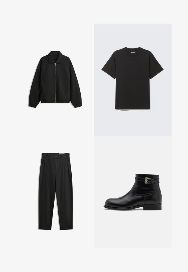 Czarna kurtka z teksturowanej tkaniny, z pełnym zamkiem z przodu, kołnierzem i elastycznymi mankietami, o luźnym kroju i kieszeniach po bokach.; Czarny T-shirt z krótkim rękawem wykonany z miękkiej bawełny, z okrągłym dekoltem i prostym wzorem bez wzorów i zdobień.; Czarne bawełniane spodnie o luźnym kroju, z klasycznym pasem, przednimi plisy oraz bocznymi kieszeniami. Gładka struktura, bez wzorów.; Czarne skórzane botki do kostki z okrągłym noskiem, akcentem w postaci bocznej klamry i niskim obcasem. Gładka faktura z połyskiem i minimalną ilością szwów.