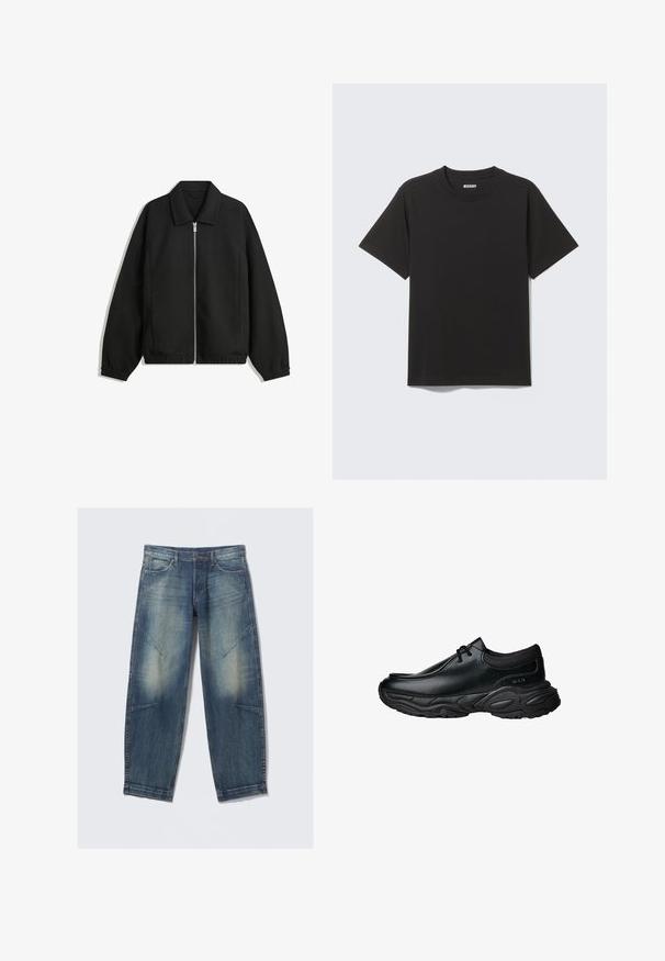 Giacca nera in tessuto texturizzato, con zip frontale a tutta lunghezza, colletto e polsini elasticizzati, dalla vestibilità rilassata e con tasche laterali.; T-shirt nera a maniche corte in morbido cotone, con scollo rotondo e design semplice senza motivi o accenti.; Jeans in denim blu di colore sbiadito con tasche anteriori, passanti per cintura e cuciture decorative sulle cosce e sulle ginocchia, posati in piano su uno sfondo bianco.; Scarpe slip-on in pelle nera con punta arrotondata e suola in gomma spessa e testurizzata. Presentano cuciture sottili e dettagli in elastico sul colletto.