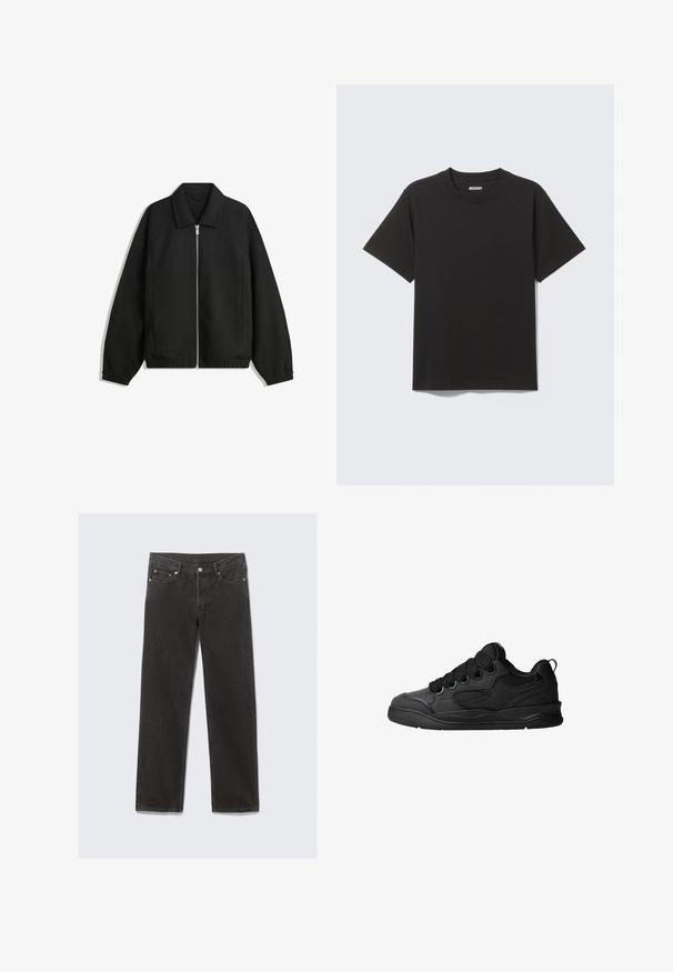 Schwarze Jacke aus strukturiertem Stoff, mit vollem Reißverschluss auf der Vorderseite, Kragen und elastischen Manschetten, im entspannten Schnitt und mit seitlichen Taschen.; Schwarzes T-Shirt mit kurzen Ärmeln aus weicher Baumwolle, mit rundem Ausschnitt und einfachem Design ohne Muster oder Akzente.; Schwarze Denim-Jeans mit geradem Bein in klassischem Fünf-Taschen-Design, mit orangefarbenen Nähten und Reißverschluss.; Schwarze Sneaker mit strukturiertem Obermaterial, ausgestattet mit Schnürsenkeln, Mesh-Akzenten für Atmungsaktivität, gepolstertem Kragen und einer stabilen Laufsohle.