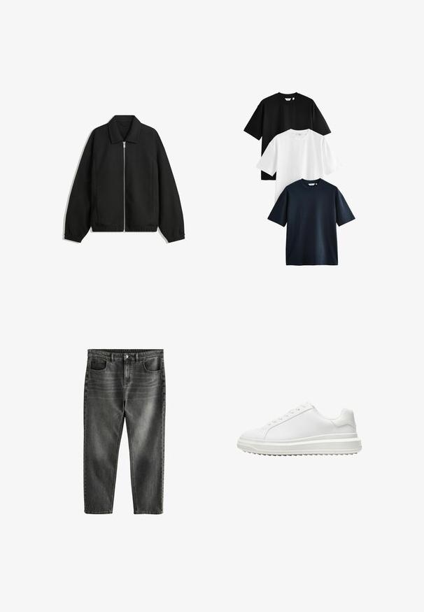 Zwarte jas van textuurstof, met een volledige rits aan de voorkant, een kraag, elastische manchetten, een ontspannen pasvorm en zijzakken.; Drie t-shirts met korte mouwen gestapeld: één zwarte, één witte en één marineblauwe. Gemaakt van katoen met ronde hals en een relaxte pasvorm.; Donkergrijze denim jeans in een relaxte pasvorm, met vijf zakken, subtiele vervaging en contrasterende stiksels. Metalen knoop- en ritsluiting.; Witte sneaker met een glad synthetisch bovenwerk, ronde neus, platte veters, gestructureerde zool en een gelaagd, platformontwerp voor extra hoogte.