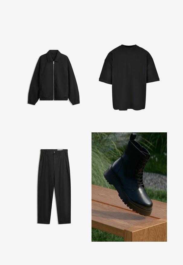 Czarna kurtka z teksturowanej tkaniny, z pełnym zamkiem z przodu, kołnierzem i elastycznymi mankietami, o luźnym kroju i kieszeniach po bokach.; Czarna, oversize koszulka z krótkim rękawem, wykonana z prążkowanej tkaniny. Okrągły dekolt, luźny krój i prosty dół. Prosty i uniwersalny design.; Czarne bawełniane spodnie o luźnym kroju, z klasycznym pasem, przednimi plisy oraz bocznymi kieszeniami. Gładka struktura, bez wzorów.; Czarne skórzane botki za kostkę z teksturowaną powierzchnią, sznurowanym przodem i masywną, żebrowaną podeszwą. Wyeksponowane na drewnianej powierzchni z trawiastym tłem.