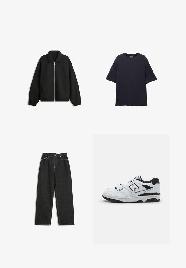 Crna jakna izrađena od teksturirane tkanine, s punim prednjim zatvaračem, ovratnikom i elastičnim manžetama, opuštenog kroja i bočnim džepovima.; PULL&BEAR SHORT SLEEVE TEXTURED WEAVE - Osnovna majica kratkih rukava - dark blue; Crne traperice ravnog kroja s bijelim šavovima, dizajn od pet džepova, zatvaranje na gumbe i patentni zatvarač, te mali logo na prednjem desnom džepu.; Bijela niska tenisica s crnim detaljima, gornji dio od kože i mrežice, perforirani detalji, podstavljeni ovratnik i debeli gumenii potplat. Model 550.