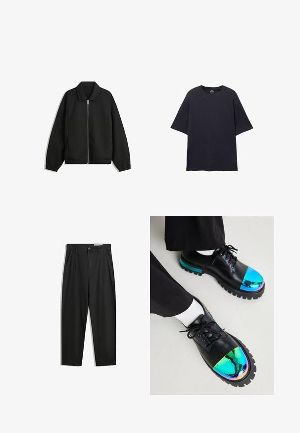 Černá bunda vyrobená z texturované látky, s plným předním zipem, límcem a elastickými manžetami, s volným střihem a bočními kapsami.; PULL&BEAR SHORT SLEEVE TEXTURED WEAVE - Jednoduché tričko - dark blue; Černé bavlněné kalhoty s uvolněným střihem, klasickým pasem, předními záhyby a bočními kapsami. Hladká textura bez vzorů.; Koi Footwear SHELOB MENS IRIDESCENT METAL TOE CAP DERBY SHOES - Šněrovací boty - black