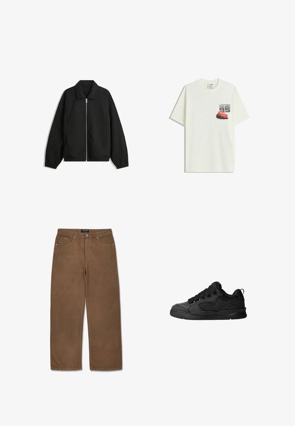 Črna jakna iz teksturirane tkanine, z dvostranskim zadrgo spredaj, ovratnikom in elastičnimi manšeti, sproščenega kroja in stranskimi žepi.; Bela kratka majica s kratkimi rokavi z majhno grafiko rdečega avtomobila Lightning McQueen in besedilom "Lightning McQueen 95" na levem prsnem delu.; Rjave jeans hlače s ravnimi nogavicami, opremljene s petimi žepi, gumbom za zapiranje in diskretnim šivom vzdolž šivov.; Črne superge z teksturiranim zgornjim delom, opremljene z vezalkami, mrežastimi dodatki za zračnost, oblazinjenim ovratnikom in trdnim podplatom.