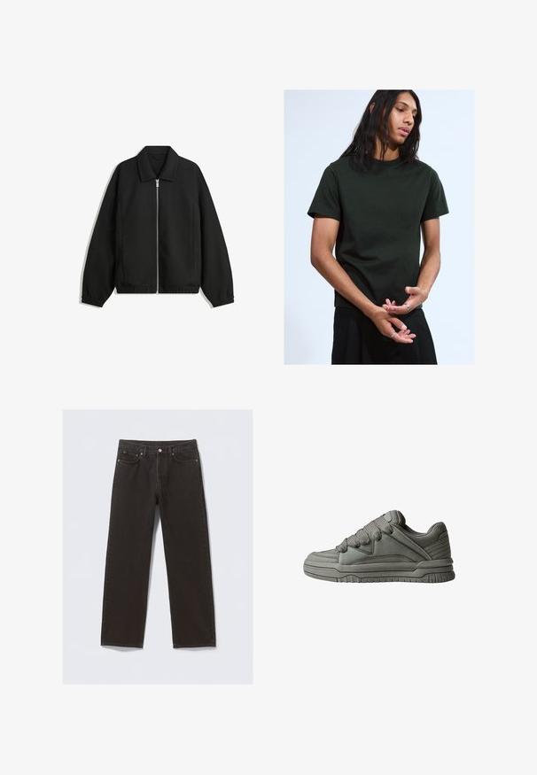 Fekete kabát texturált anyagból, teljes elöl cipzárral, gallérral és rugalmas mandzsettákkal, laza szabással és oldalsó zsebekkel.; Fekete, rövid ujjú pamut póló kerek nyakkivágással. Kényelmes szabású, és minimális logó található a nyakrészen.; Fekete farmernadrág egyenes szabással, öt zsebbel és rézszínű varratokkal. Simaszerű textúra, klasszikus gombos záródás a deréknál.; Szürke sportcipő, texturált bőr és hálós felsőrésszel, vastag gumitalppal, valamint kiemelkedő párnázott nyelvvel és oldalakkal. Fűzők és oldalhúzások is tartoznak hozzá.