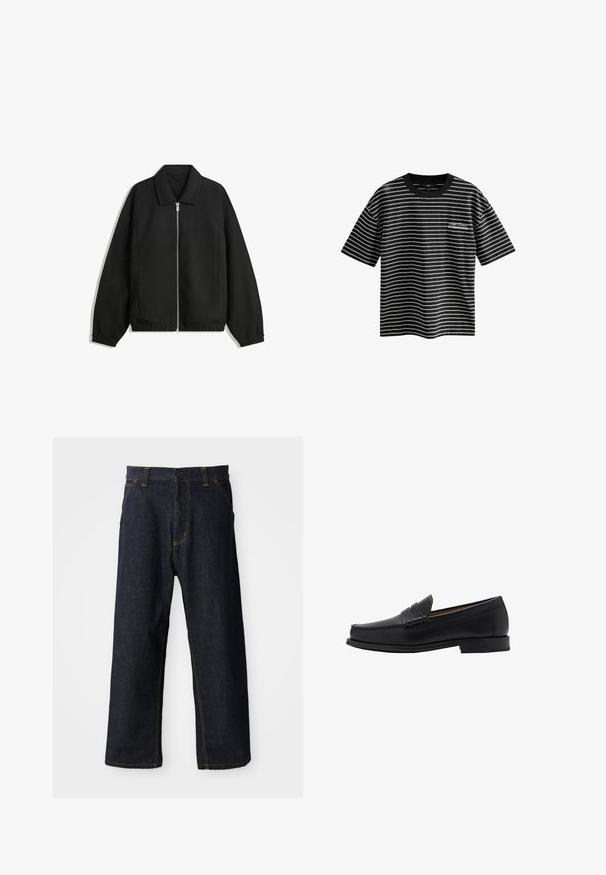 Svart jacka i strukturerad tyg, med full dragkedja framtill, krage och elastiska muddar, med en avslappnad passform och sidofickor.; Randig t-shirt i svart och vitt med korta ärmar och rundad hals. Har textdesignen "Copenhagen" på framsidan. Tillverkad av mjukt tyg.; Mörkblå denimbyxor med rak bendesign, med gula sömmar, framfickor och en knappstängning i midjan.; Mango Business slip-ins - black